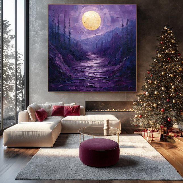 Impressão Em Tela Paisagem Abstrata ao Luar em Roxo e Dourado (Criador carregado)