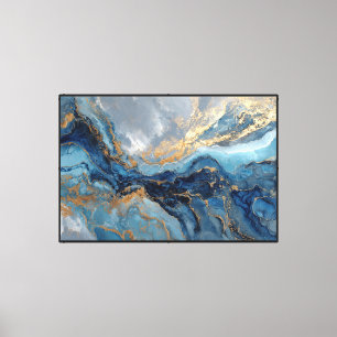 Impressão Em Tela Paisagem Abstrata Azul e Dourado Marmorizada