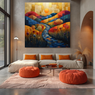 Impressão Em Tela Paisagem Abstrata Colorida com Rio e Cores Vibrant