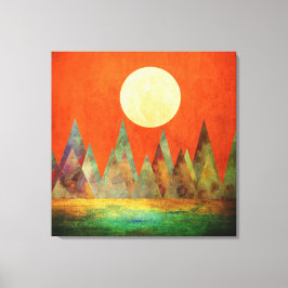 Impressão Em Tela Paisagem Abstrata Lua Cheia Montanhas Céu Laranja
