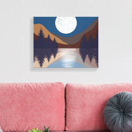 Impressão Em Tela Paisagem Abstrata Rústica Floresta Reflexo da Lua