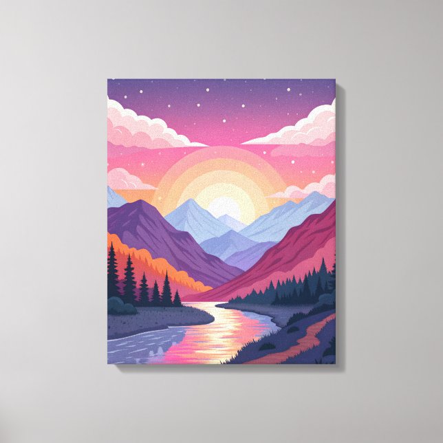 Impressão Em Tela Paisagem Colorida de Montanhas em Camadas ao Pôr d (Frente)