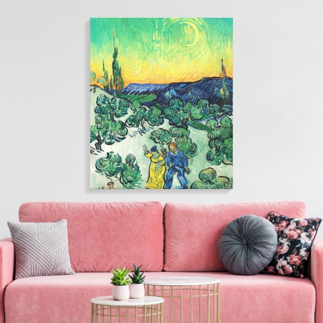 Impressão Em Tela Paisagem com Casal Andando e Lua Crescente (Insitu(Sala de estar))