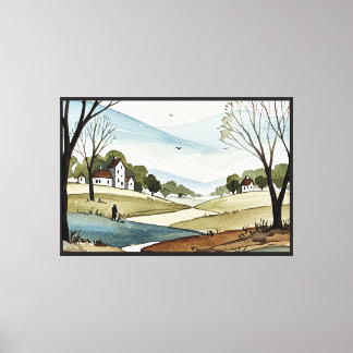 Impressão Em Tela paisagem de colinas com pequenas casas