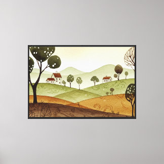 Impressão Em Tela paisagem de colinas com pequenas casas