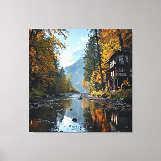 Impressão Em Tela Paisagem de Rio e Floresta com Casa Rústica (Frente)