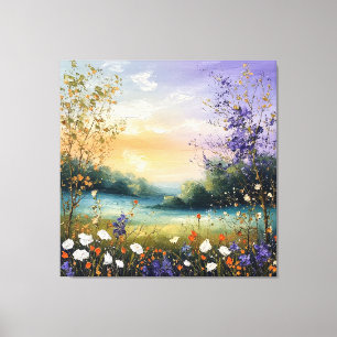 Impressão Em Tela Paisagem de Verão com Flores Silvestres e Árvores