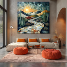 Paisagem Geométrica do Deserto com Cactus e Sunlit