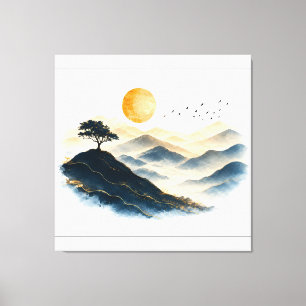 Impressão Em Tela Paisagem Montanhosa do Sol Dourado em Tela Esticad