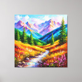 Impressão Em Tela Paisagem montanhosa vibrante com riacho e flores s