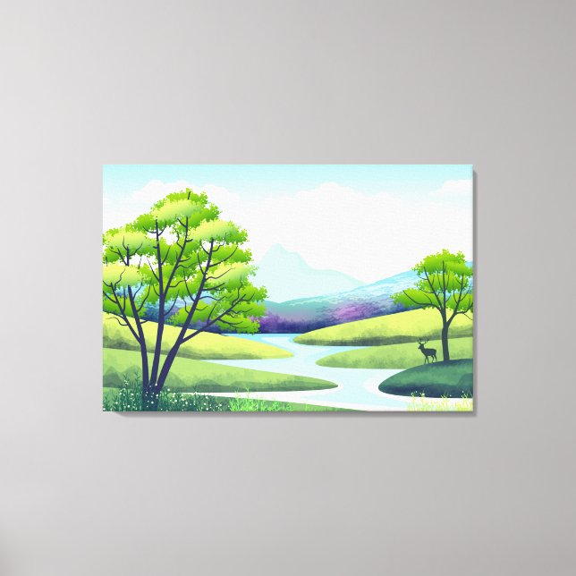 Impressão Em Tela Paisagem natural com lago e veado (Frente)