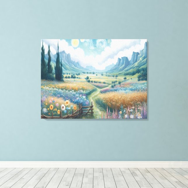 Impressão Em Tela Paisagem Serene: Flores e Montanhas em Sangue (Insitu(piso de madeira))