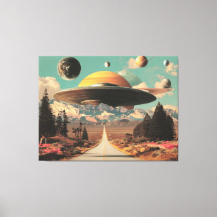 Impressão Em Tela Paisagem Surrealista com Estrada, OVNI e Saturno 