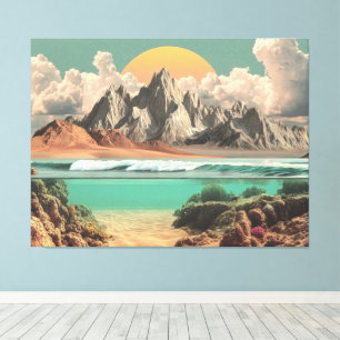 Impressão Em Tela Paisagem Surrealista do Oceano e Montanha com Onda