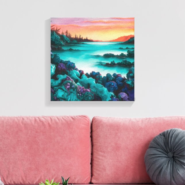 Impressão Em Tela Paisagem turquesa com detalhes de tinta a álcool (Insitu(Sala de estar))