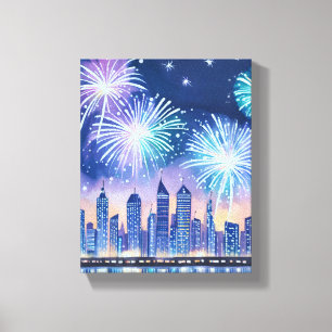 Impressão Em Tela Paisagem Urbana de Fogos de Artifício Aquarela D