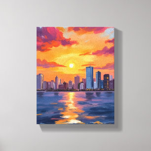 Impressão Em Tela Paisagem Urbana do Pôr do Sol Aquarela
