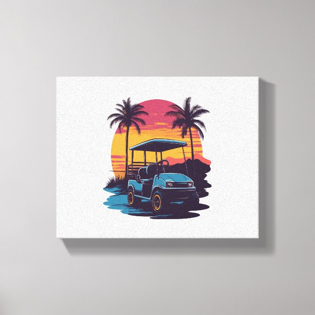 Impressão Em Tela Palmeiras de Golfe Carrinho Árvores de Sunset (Frente)