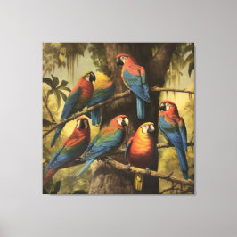 Impressão Em Tela Papagaios coloridos de cena botânica em árvore