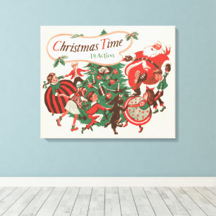 Impressão Em Tela Papai Noel de Natal Vintage e Crianças Dançando