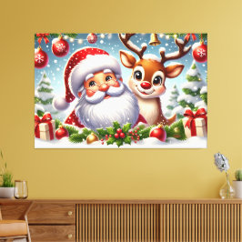 Impressão Em Tela Papai Noel Festivo e Reindeer no Natal