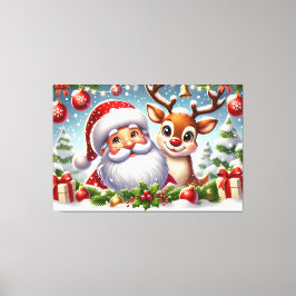 Impressão Em Tela Papai Noel Festivo e Reindeer no Natal