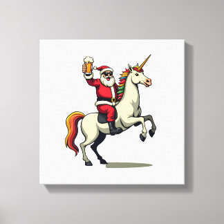 Impressão Em Tela Papai Noel Vintage Montado em Unicórnio Cerveja Na