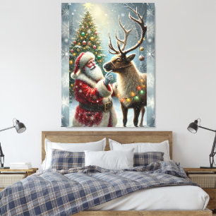 Impressão Em Tela Papais noeis E Reindeer, Floresta Neve, Árvore De