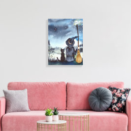 Impressão Em Tela Para o Gato Negro de Halloween e a Noite Estrelada