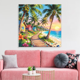 Impressão Em Tela Paraíso Tropical Casa de Praia à Beira-Mar Oceano 