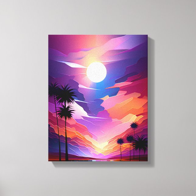 Impressão Em Tela Paraíso Tropical: Pintura de Palmas Sunset (Frente)