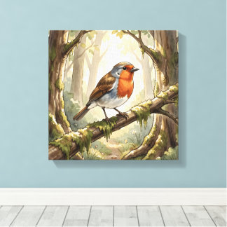 Impressão Em Tela Passarinho robin fofo na floresta antiga