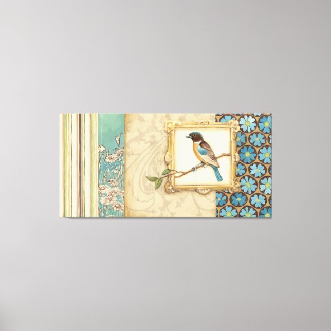 Impressão Em Tela Pássaro Castanho e Azul em um Ramo Olhando para Ci (Frente)