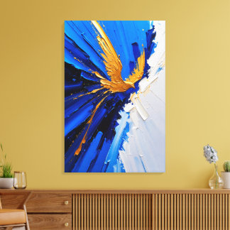 Impressão Em Tela Pássaro Dourado em Voo Azul Ouro Abstrato Impasto