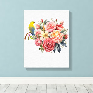 Impressão Em Tela Pássaro em Aquarela e Flores Rosas