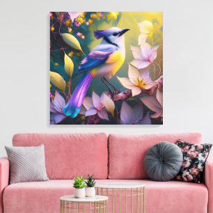 Impressão Em Tela Pássaro Fantasia Violeta Tufted Amarelo Peito