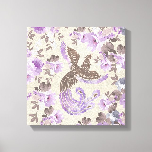 Impressão Em Tela Pássaro Phoenix com flores de aquarela (Frente)