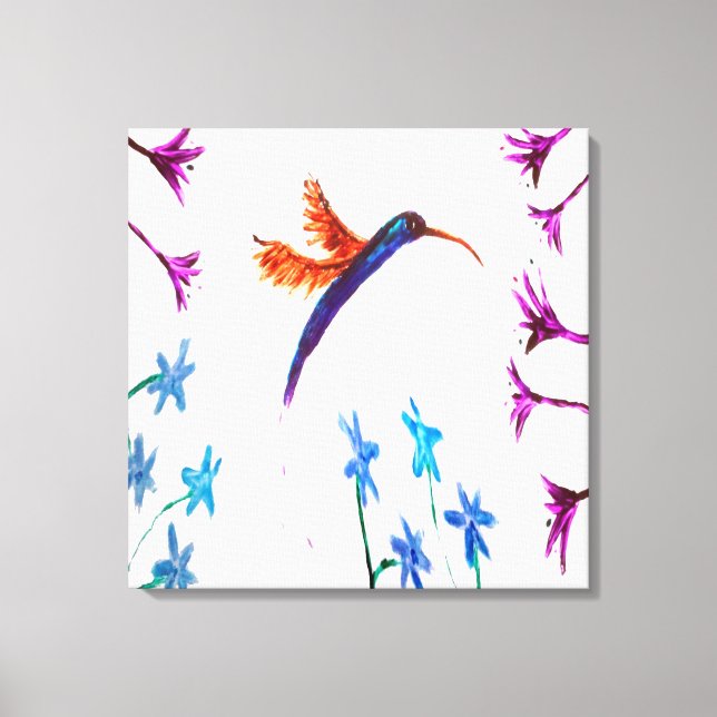 Impressão Em Tela Pássaro pintado Floral Hummingbird (Frente)