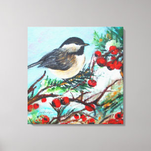 Impressão Em Tela Pássaro tampado preto do Chickadee com bagas