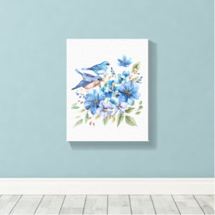 Impressão Em Tela Pássaros Azuis e Florais Botânicos em Aquarela