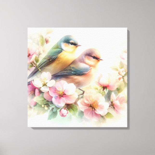 Impressão Em Tela Pássaros de Amor Doce Pastel de Primavera Flores d (Frente)