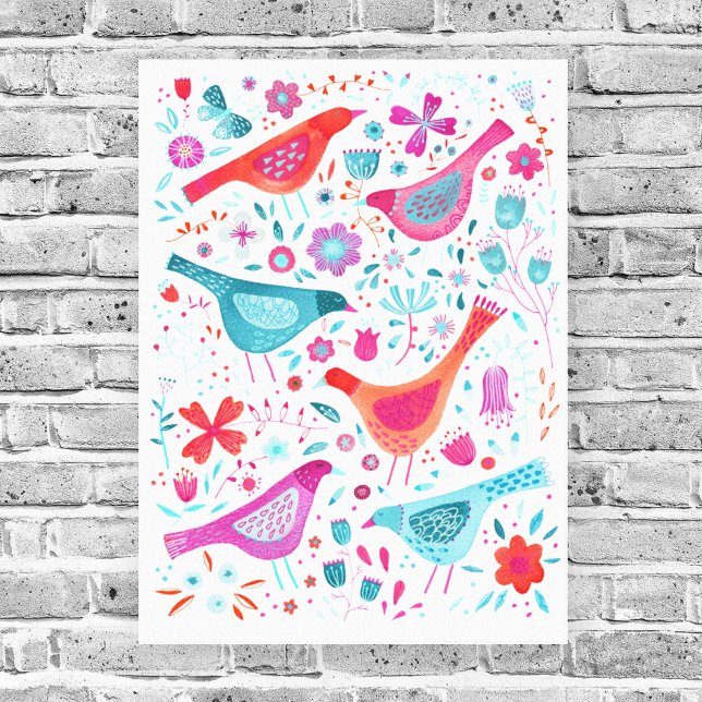 Impressão Em Tela Pássaros de Aquarela em Jardim de Flores (Watercolor birds and flowers art canvas print)