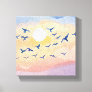Impressão Em Tela Pássaros em Voo Pôr do Sol Natureza Aquarela