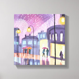 Impressão Em Tela Passeio Chuvoso Lofi Aquarela Luzes Coloridas da
