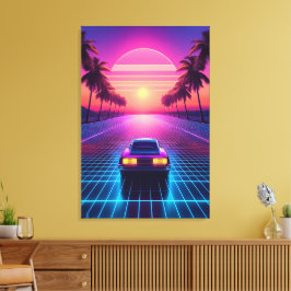 Impressão Em Tela Passeio Noturno de Neon: Synthwave Sunset Retro do