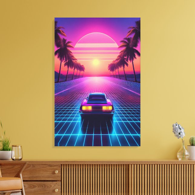 Impressão Em Tela Passeio Noturno de Neon: Synthwave Sunset Retro do (Insitu(Sala de estar))