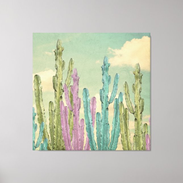 Impressão Em Tela Pastel Cactus contra a Colagem do céu nublado (Frente)