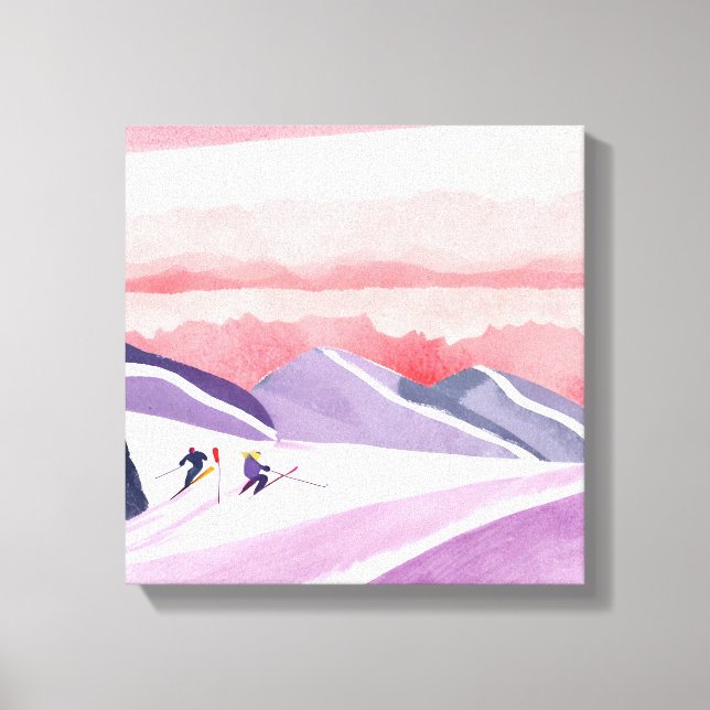 Impressão Em Tela Pastel Watercolor Ski Mountain Sunset (Frente)
