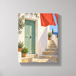 Impressão Em Tela Pátio de Celadon com Roupa Vermelha Mediterrâneo