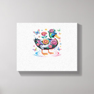 Impressão Em Tela Pato Fantástico Colorido com Flores e Borboletas